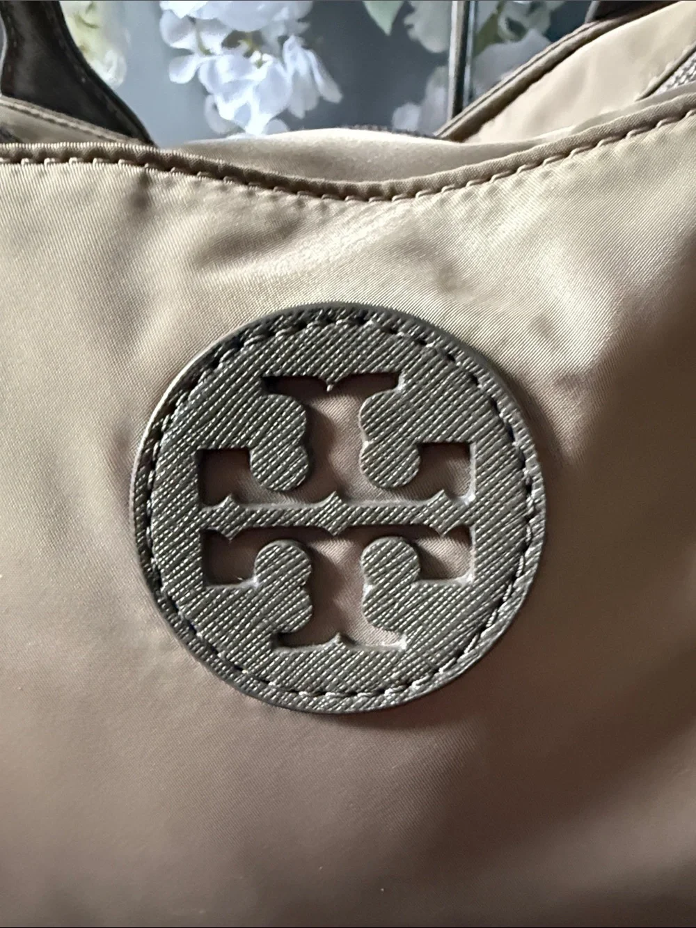 Tory Burch Taupe Nylon Tote with Leather Trim